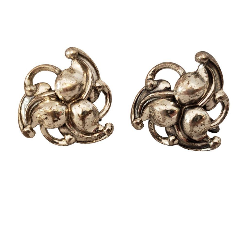 Mid Century Abstract Floral Sterling Silver Screw Back Clip On Earrings Vtg 50s